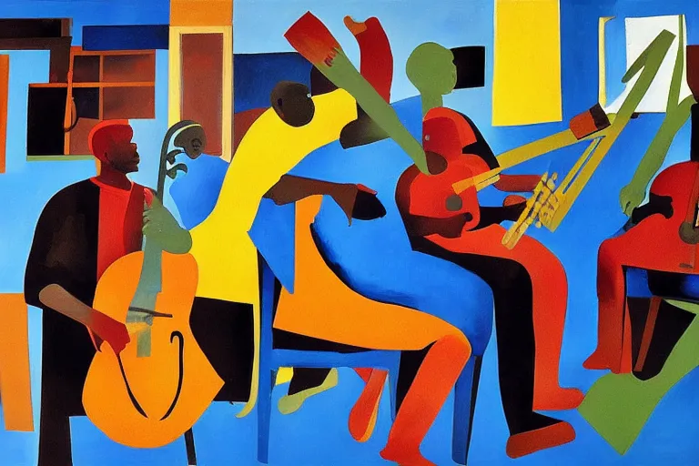 Image similar to a painting of a group of men playing instruments, an ultrafine detailed painting by romare bearden, behance, black arts movement, artwork, fauvism, academic art, large brush strokes, grainy texture