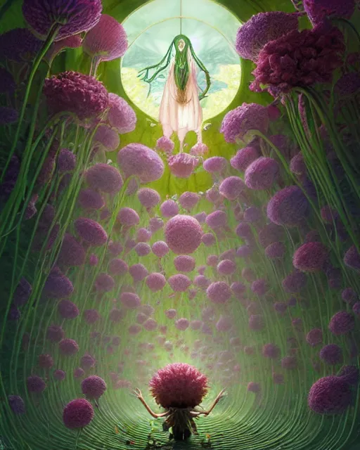 Image similar to the platonic ideal of flowers, sprouting, insects and praying of cletus kasady carnage davinci dementor chtulu mandelbulb ponyo alice in wonderland dinotopia watership down, d & d, fantasy, ego death, mdma, dmt, psilocybin, concept art by greg rutkowski and simon stalenhag and alphonse mucha