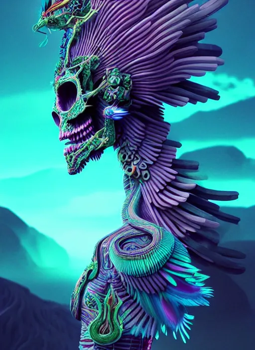 Image similar to 3 d goddess profile portrait, sigma 5 0 0 mm f / 5. beautiful intricate highly detailed quetzalcoatl skull and feathers. bioluminescent, plasma, lava, ice, water, wind, creature, thunderstorm! artwork by tooth wu and wlop and beeple and greg rutkowski, 8 k trending on artstation,