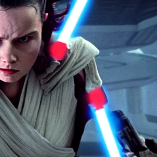 Prompt: evil corrupted rey from star wars using the force to crush stormtroopers, sith lord, dark side, cinematic movie image, both hands raised to use the force, hd photo, full body shot, face focus, played by daisy ridley