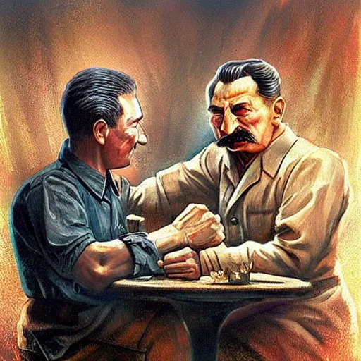 Image similar to picture of ( ( arm wrestling between young vladimit putin and old iosif stalin ) ) in apocalyptic russia, hyperrealistic, digital concept art,, caricature illustration, art by gaston bussiere