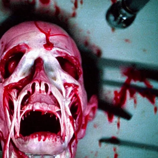 Prompt: filmic extreme wide shot dutch angle movie still 35mm film color photograph of a doctor with his head severed in half, sliced in half at the mouth, dripping blood, in the style of anatomy photography