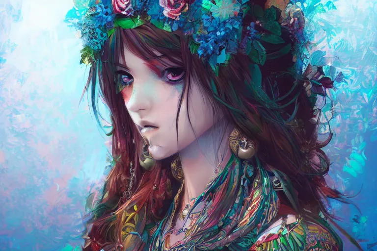 Image similar to a beautiful bohemian girl, intricate, highly detailed, digital painting, pixiv, artstation, official media, anime key visual, concept art, rich vivid colors, ambient lighting, sharp focus, illustration, art by erak note