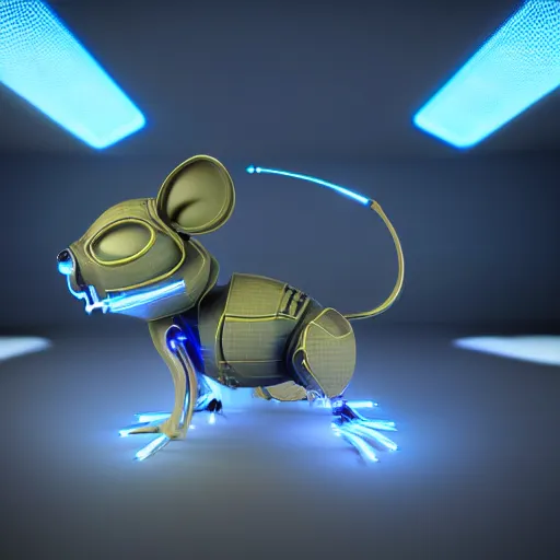 Image similar to cute cybernatic mouse, cybernatic, cyberpunk, bright led lights, 3 d render, high quality render, unreal engine 5, by dizzy viper, marischa becker, octane render, high quality, very detailed