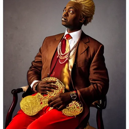 Image similar to african geert wilders wearing a silk shirt and many gold rings and necklaces, sitting in a red plush throne and smoking a cigar, 8 k, hdr, great light, gustave courbet, annie leibowitz