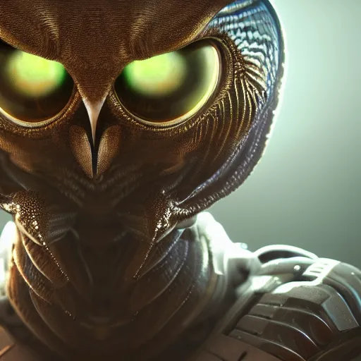 Prompt: alien owl, alien warrior, portrait, artstation, hyperrealistic, octane render, 4 k, detailed