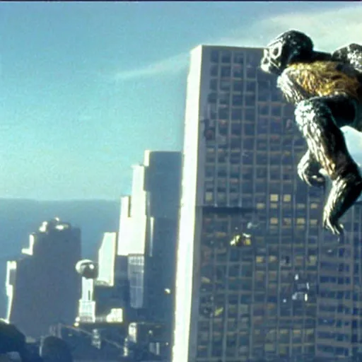 Image similar to of a enormous astronaut!! climbing!! up a building! ((like king kong)), still from the movie astronaut attack (2002)