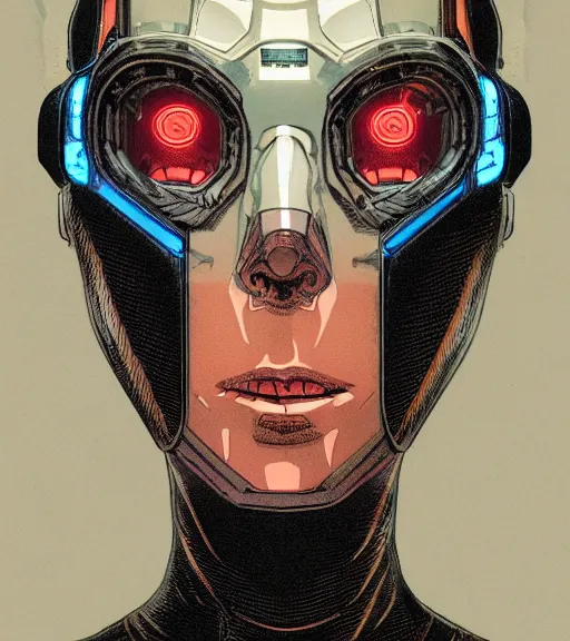 Image similar to cyborg woman with a hologram for a head, techwear, dead space, visible face, Industrial Scifi, detailed illustration, character portrait, by Martin Grip and Moebius