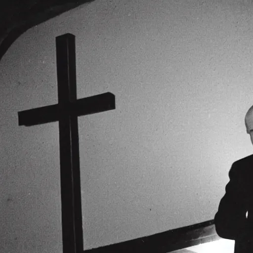 Image similar to photograph of john paul ii in black clothes staring at a big glowing christian cross, night, pitch black