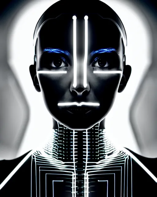 Image similar to black and white artistic photo, full figure, young female cyborg, microchip, artificial intelligence, bio - mechanical bio - luminescence, black wired cables, cinematic, rim light, photo - realistic, 8 k