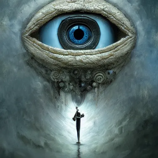 Prompt: michal karcz surrealism painting of the Benjamin Nethanyahu as an all seeing God. His eyes are watching everything. , horror theme, detailed, elegant, intricate, 4k,