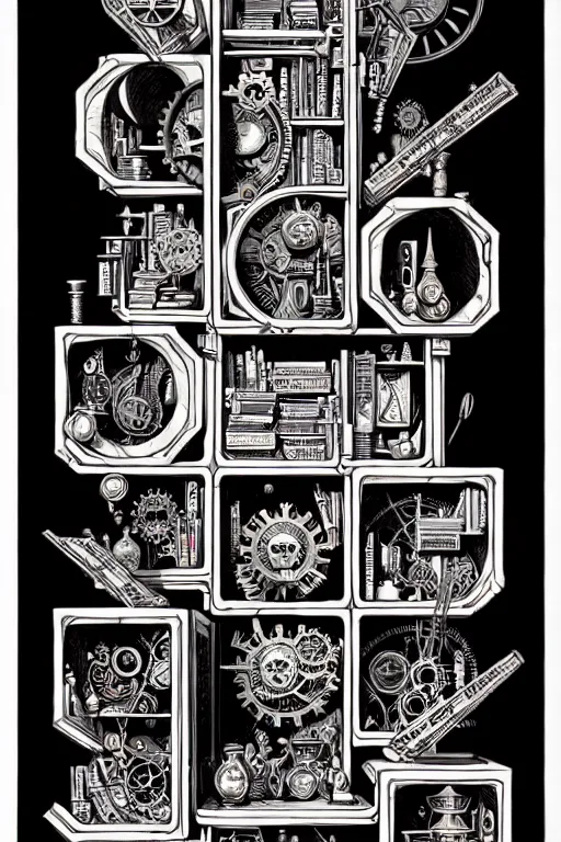 Prompt: a majestic steampunk alchemists bookshelf, two point perspective, furniture, high details, bold line art, by vincent di fate and joe fenton, inking, etching, screen print, masterpiece, trending on artstation, sharp, high contrast, hyper - detailed,, hd, 4 k, 8 k