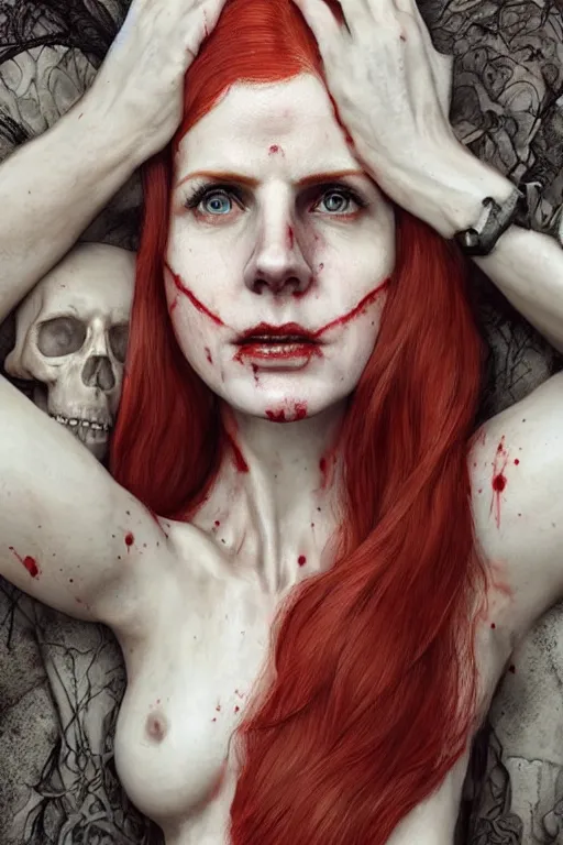 Image similar to pale woman covered with blood, sarah rafferty face!!!, red hair, skeleton body tattoo, ultra realistic, concept art, intricate details, highly detailed, 4 5 mm. photorealistic, octane render, 8 k, unreal engine. film still, heavy grain, 3 5 mm, art by artgerm and greg rutkowski and alphonse mucha