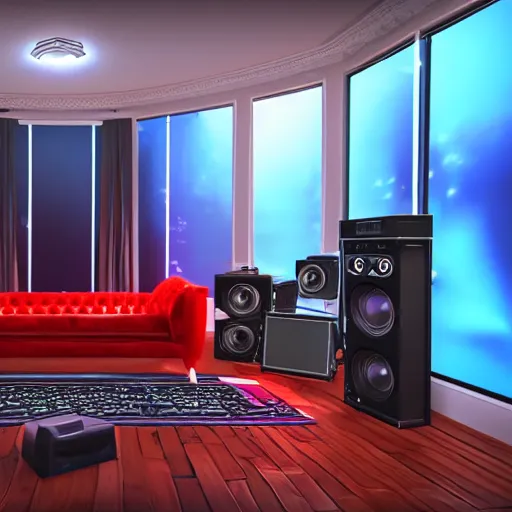 Image similar to A screenshot of a Virtual Reality music studio, living room vibe, Paris hotel style, red velvet furniture, light rays coming out of the windows, raytracing, highly detailed, futuristic, unreal engine 5, photoscanned, photorealistic,