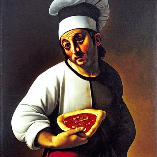 Prompt: portrait of pulcinella as a pizza chef, dramatic light, by caravaggio