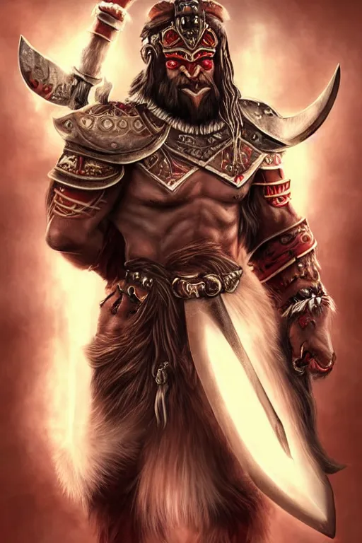 Image similar to a handsome tauren warrior colaked in white with swords, standing in light beam of a dark cave, ruby red sorrow, high quality, ultra detail