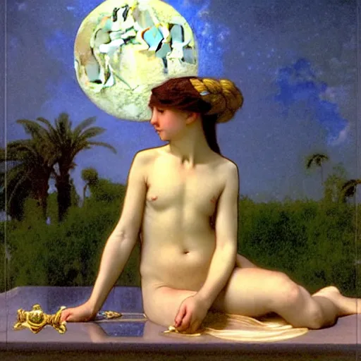 Image similar to Moon girl at the palace, thunderstorm, greek pool, beach and palm trees on the background major arcana sky, by paul delaroche, alphonse mucha and arnold böcklin arnold böcklin hyperrealistic 8k, very detailed