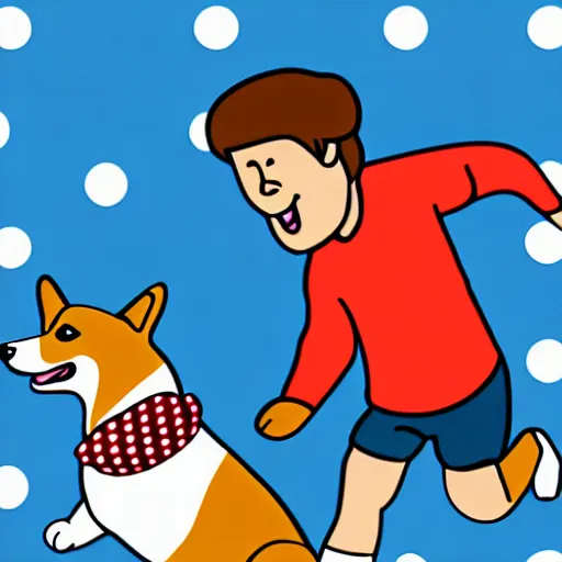 Image similar to illustration of boy playing football with a corgi wearing a polkadot scarf on the streets of paris