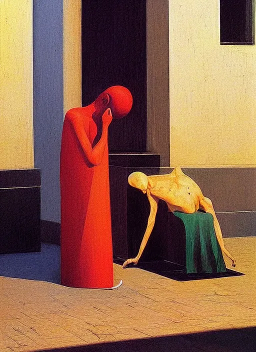 Image similar to magician with a trash over his head praying to a trash bin Edward Hopper and James Gilleard, Zdzislaw Beksinski highly detailed