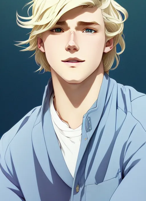 Prompt: young man with medium - length, curly, white blonde hair, perfectly proportioned face, aquamarine eyes, sweet smile, natural lighting, path traced, highly detailed, high quality, cartoon, digital painting, by new haicheng and studio ghibli and alphonse mucha