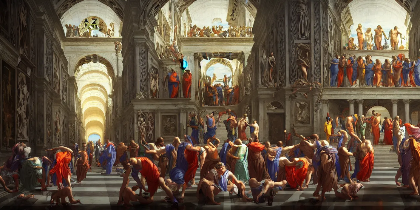 Image similar to the school of athens paiting, cyberpunk, hyper detailed, neon, concept art, award winning concept art