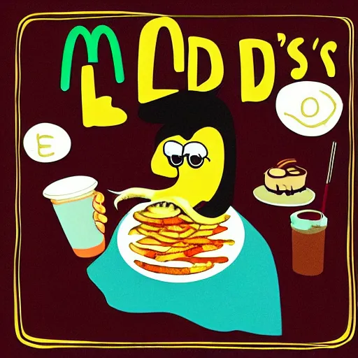 Image similar to squid eating at mcdonald's, lofi album art