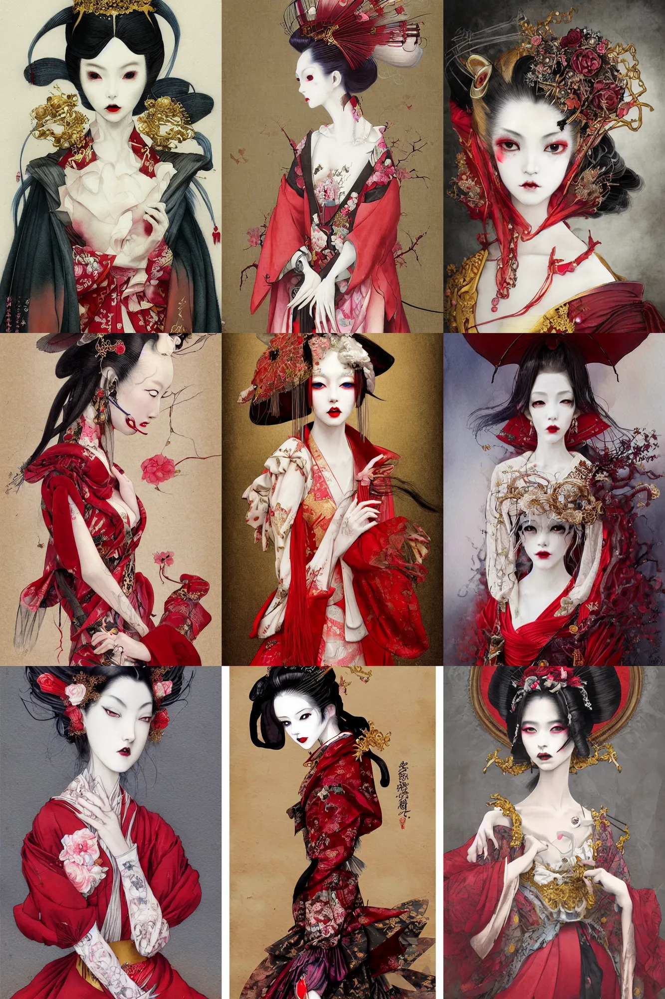 Prompt: watercolor painting avant - garde vogue fashion portrait of a geisha vampire queen japanese bjd with a long neck in a victorian lolitafashion red dress painted by yoshitaka amano, tom bagshaw, ayami kojima, intricate detail, artstation, artgerm, in the style of dark - fantasy rococo, gold leaf art
