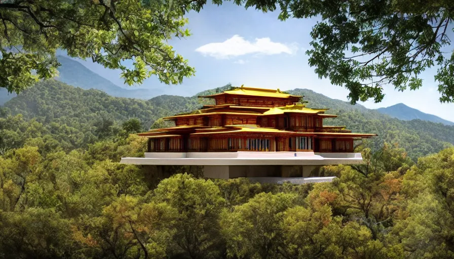 Prompt: temple villa inspired by tibetan architecture, on a green hill, overlooking a valley with trees, frank lloyd wright, photorealistic, birds eye view