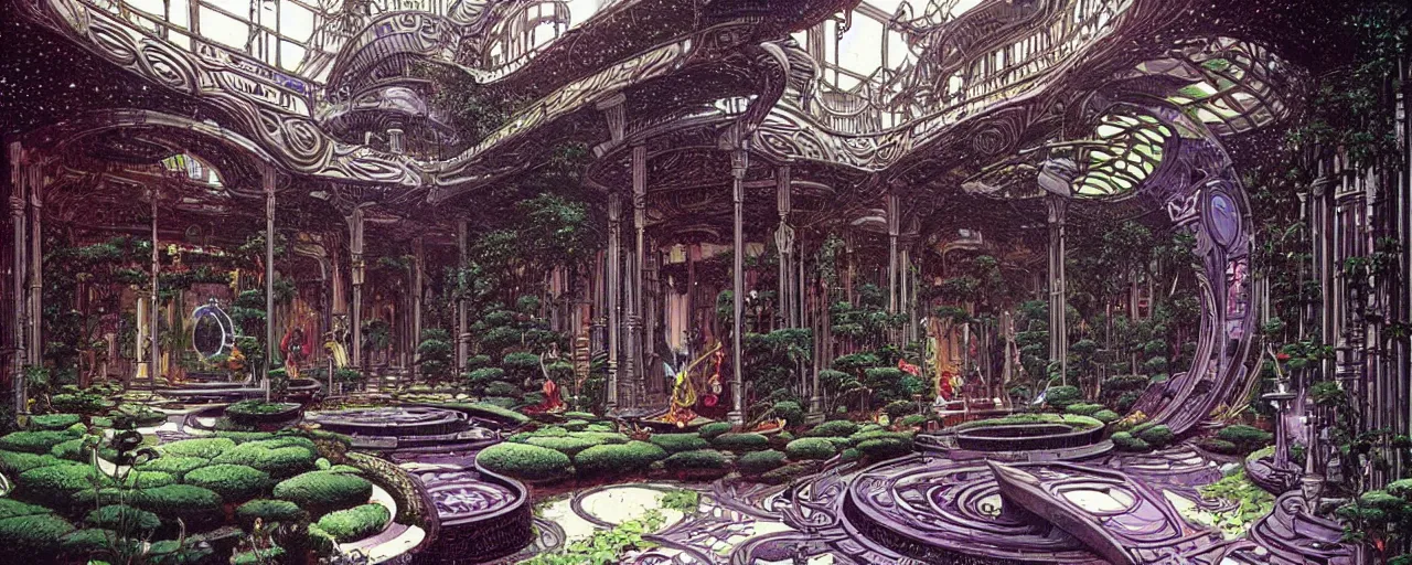 Image similar to a luxurious scifi futuristic victorian garden courtyard by killian eng, moebius, philippe druillet