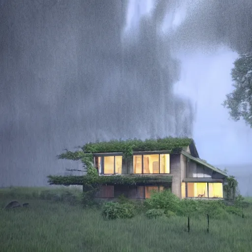 Prompt: cottage in clearing surrounded by trees, the windows are lit, raining, storming, very raining, concept art