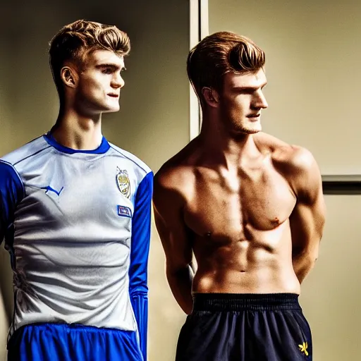 Image similar to a realistic detailed photo of a guy who is an attractive humanoid who is half robot and half humanoid, who is a male android, soccer players martin ødegaard & timo werner, shiny skin, posing like a statue, blank stare, in a factory, on display, showing off his muscles, gold soccer shorts, side view, looking at each other mindlessly