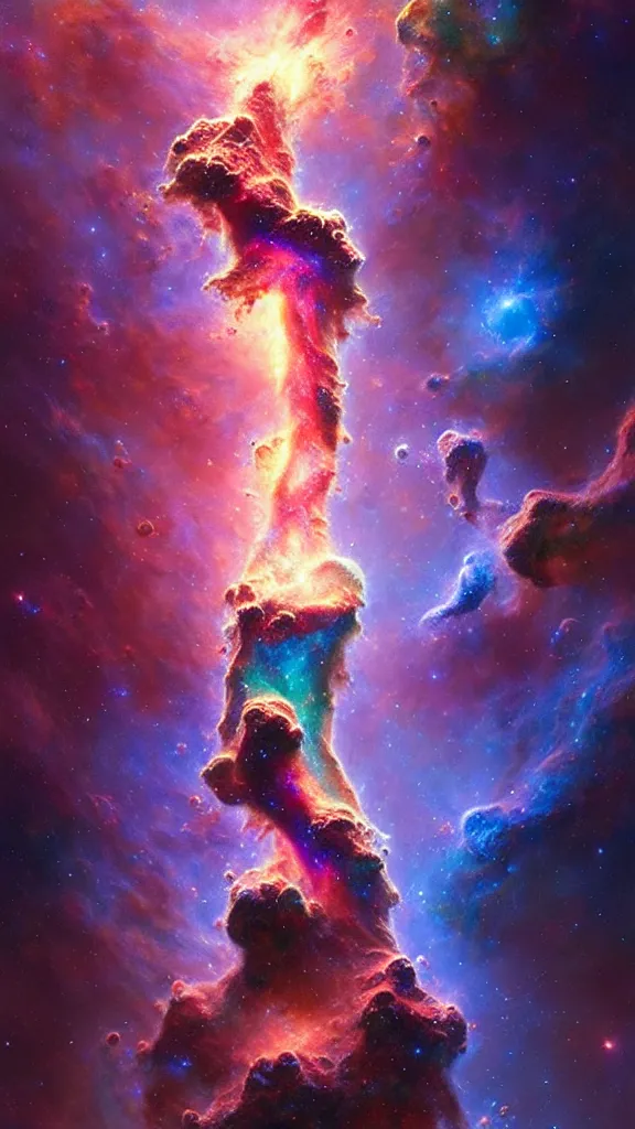 Image similar to psychedelic transcendent puffs! of smoke, space, supernova, nebulae, pillars of creation, enlightenment, high contrast lighting, highly detailed, concept art, art by collier, albert aublet, krenz cushart, artem demura, alphonse mucha