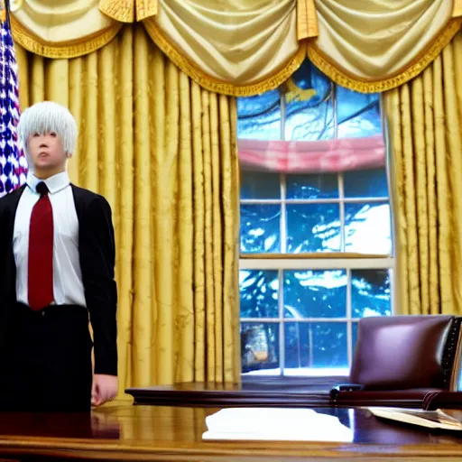 Prompt: griffith from berserk by kentaro miura sitting at white house desk with american flag at his side, photo by getty images