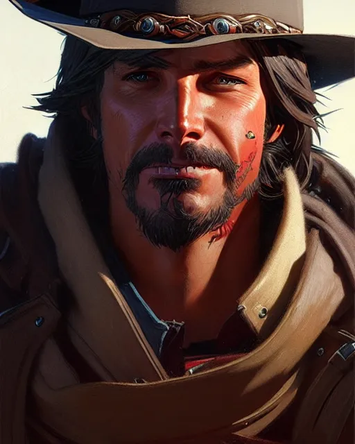 Prompt: mccree from overwatch, character portrait, portrait, close up, concept art, intricate details, highly detailed by greg rutkowski, michael whelan and gustave dore