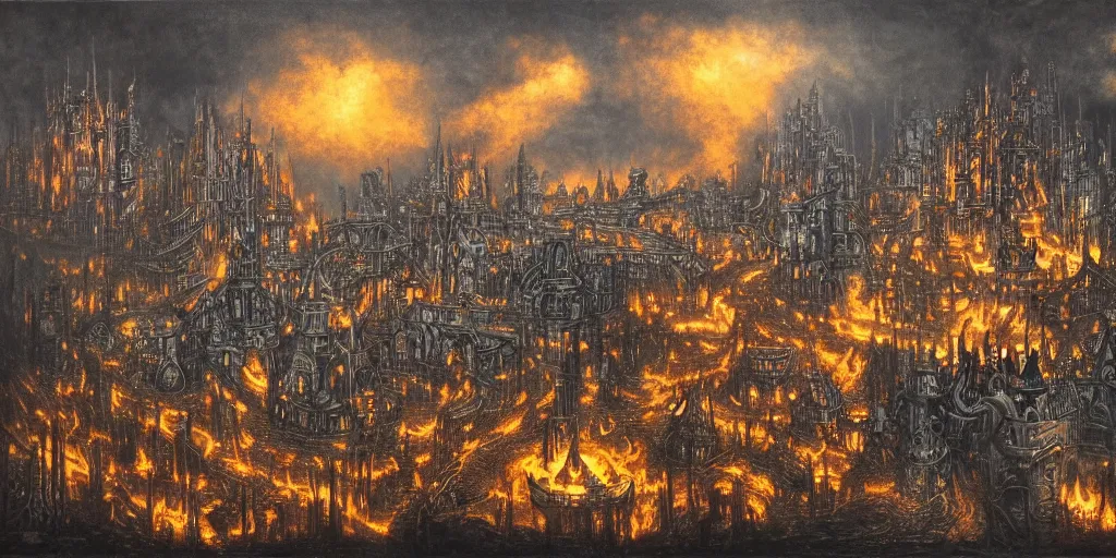 Image similar to Chained fantasy city in hell, by Carl Laubin, with blackened steel chains rising to the sky and castles. Dramatically lit, with intricate details and colours of flame and smoke