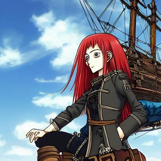 Prompt: sky-pirate with long red hair in front of a steampunk airship, vinland saga, anime style