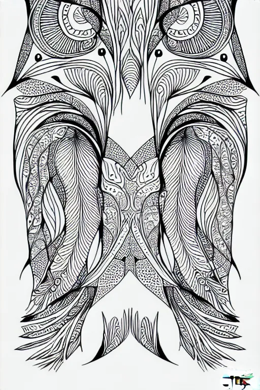 Image similar to fox ornaments fractal ink drawing line art colouring page, vector, margins, fine lines, centered