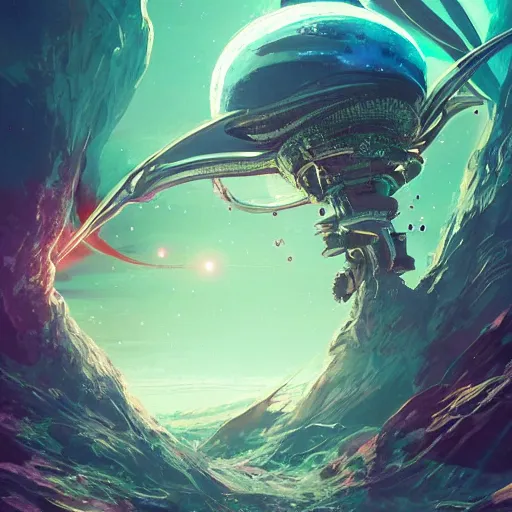 Image similar to concept art of an alien space galaxy, stars, meteorites, floating debris, beautiful, fantasy, colorful, cinematic lighting, artstation, trending, highly detailed, focus, smooth, by studio ghibli, rossdraws, hirohiko araki, conrad roset, yoshitaka amano