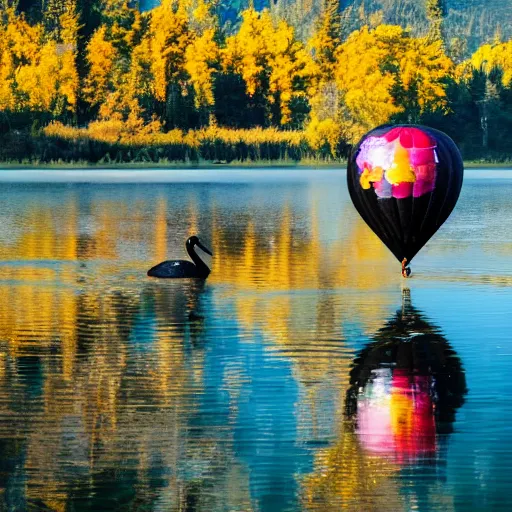 Image similar to photo of two black swans touching heads in a beautiful reflective mountain lake, a colorful hot air balloon is flying above reflecting off water, hot air balloon, intricate, 8k highly professionally detailed, centered, HDR, CGsociety