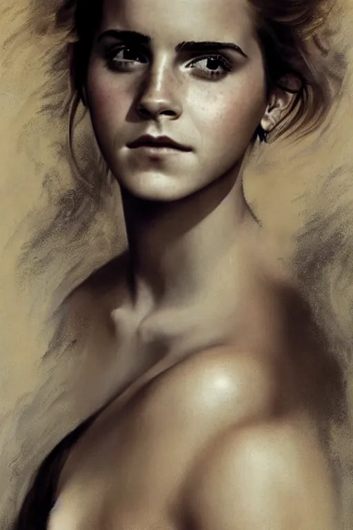 Image similar to emma watson gathered faille v - neck detailed portrait painting by gaston bussiere craig mullins j. c. leyendecker award winning photograph photorealsitic octane render photograph by richard avedon peter lindbergh