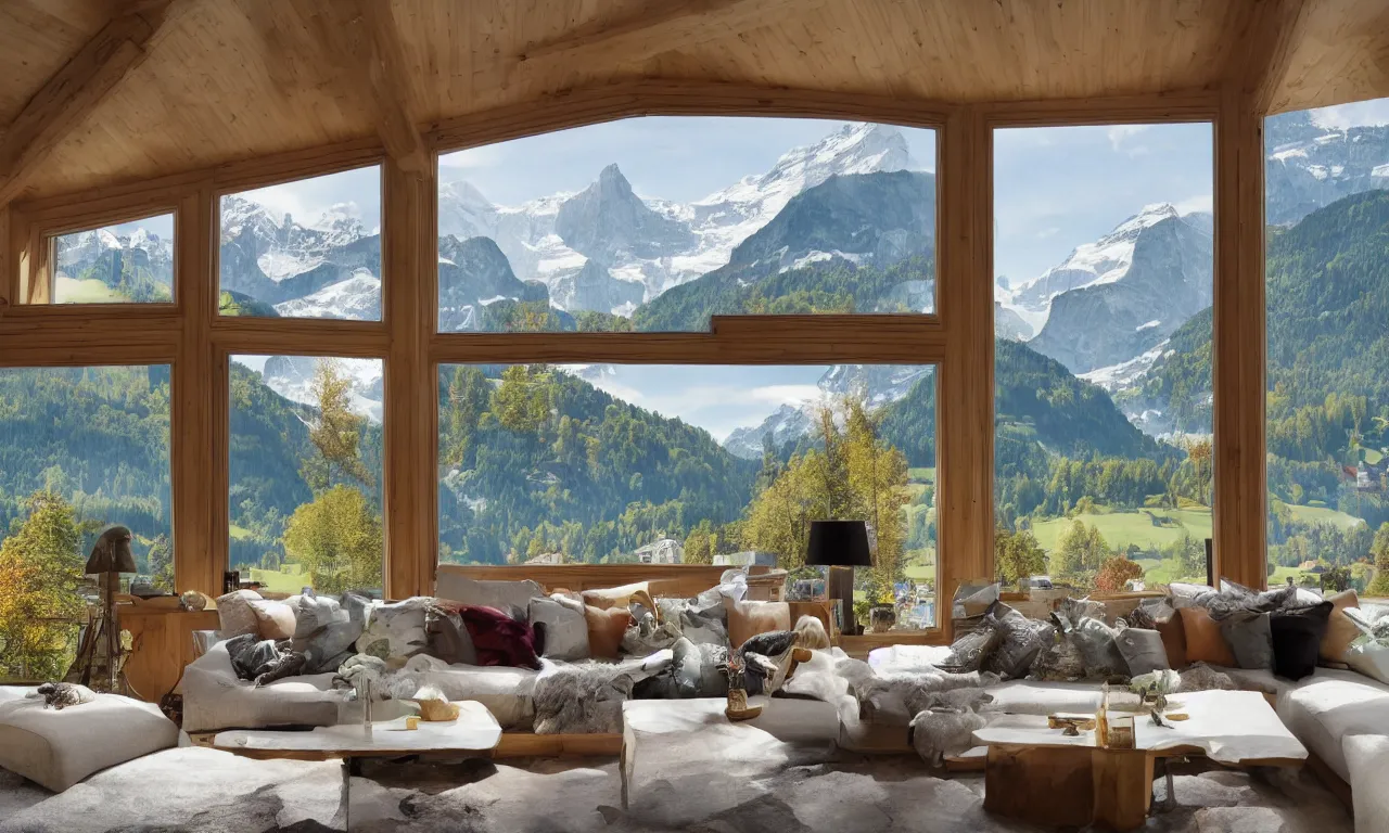 Image similar to fantastical living room with switzerland landscape in the window