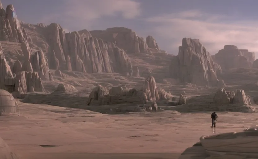 Image similar to screenshot wide shot of Luke Skywalker Jedi Temple, good day, morning, landscape, no people, no man, steampunk, desert, lost world, Anime Background, concept art, illustration,smooth, sharp focus, 1970s thriller by Stanely Kubrick film, color kodak, ektochrome, wide angle anamorphic lenses, detailed faces, moody cinematography