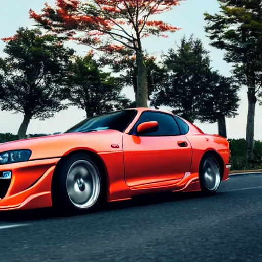 Image similar to still of a toyota supra mk4 on the road in Tokyo, action shot,sunset, CGSociety