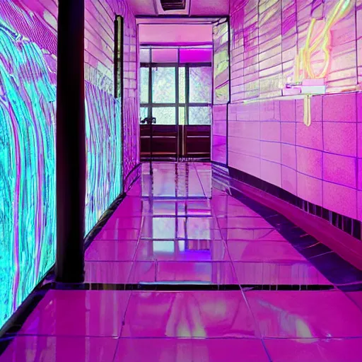 Prompt: dreampool rooms, neon ceramic tiles, purple sunlight coming through columns of neon marble