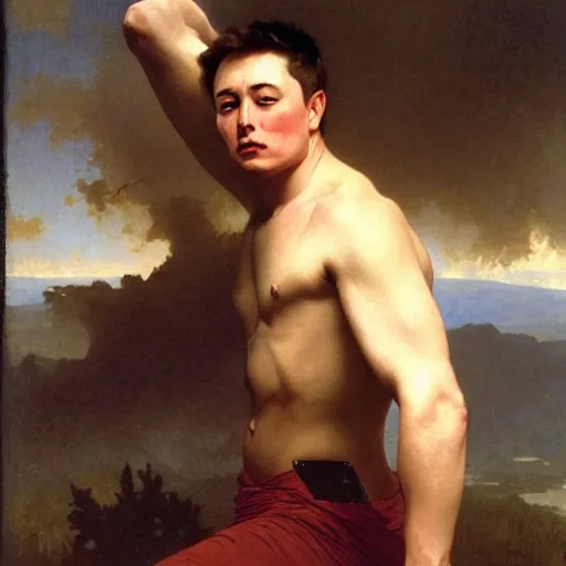 Image similar to Painting of muscular Elon Musk. Art by william adolphe bouguereau. During golden hour. Extremely detailed. Beautiful. 4K. Award winning.