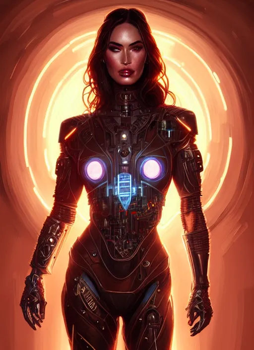 Image similar to portrait of cyborg warrior, megan fox, intricate, elegant, glowing lights, highly detailed, digital painting, artstation, glamor pose, concept art, smooth, sharp focus, illustration, art by artgerm and greg rutkowski, artey freytag