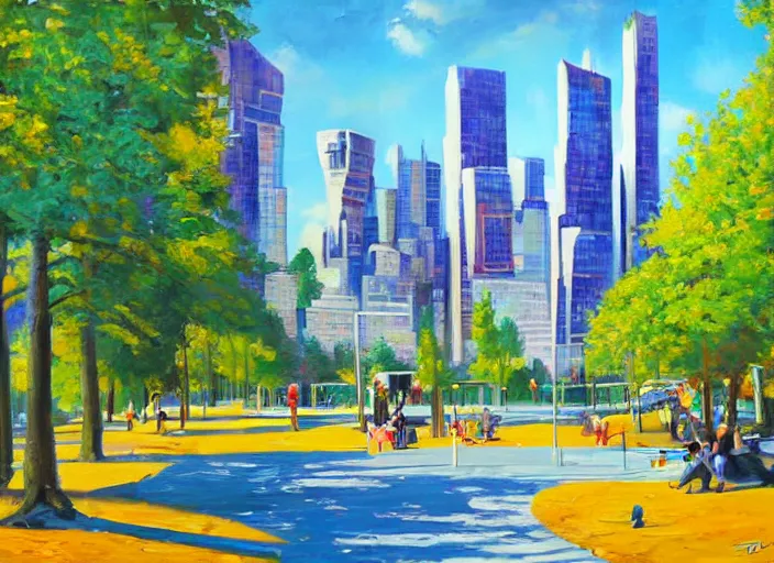 Prompt: bright beautiful oil painting of a futuristic city park by Tatyana Yablonskaya