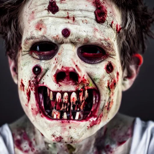 Prompt: real color portrait photo of a zombie smiling