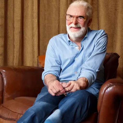 Prompt: mature man is sitting gracefully on a sofa