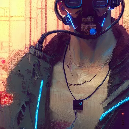 Prompt: male cyberpunk cyber hacker, cybernetic implants, wires, cables, grunge grime, realistic shaded, fine details, realistic shaded lighting by occlusion shadow, intricate, bokeh, masterpiece, by ilya kuvshinov and jeremy lipking and quentin mabille